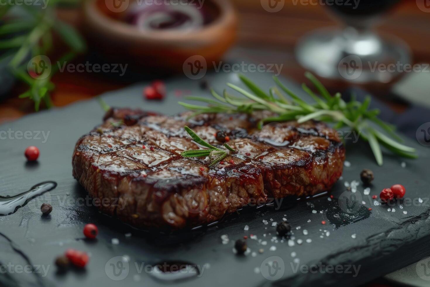 Grilled ribeye beef steak with red wine herbs and spices on stone table photo