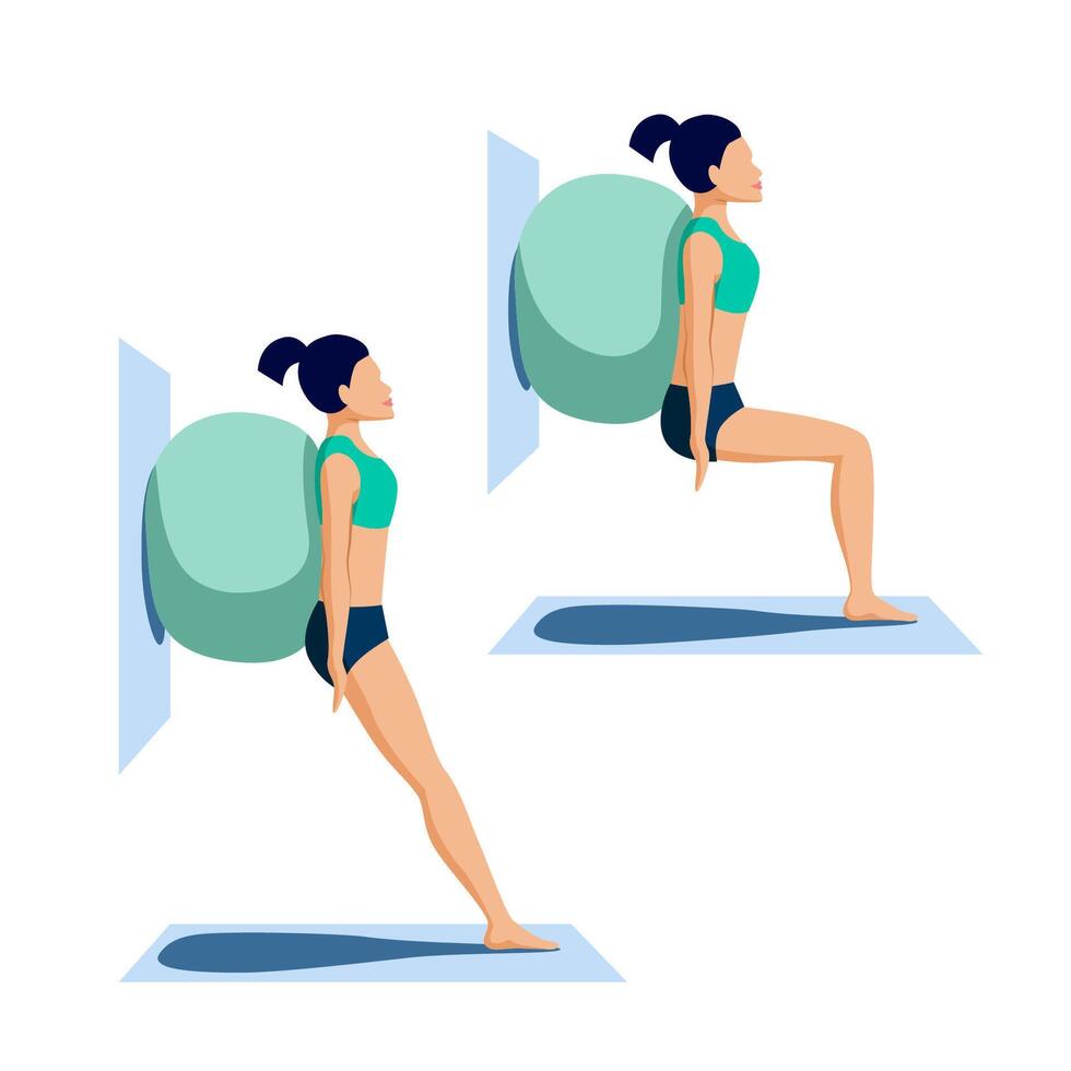 A woman is performing wall squats using a stability ball. This exercise targets the quadriceps muscles vector