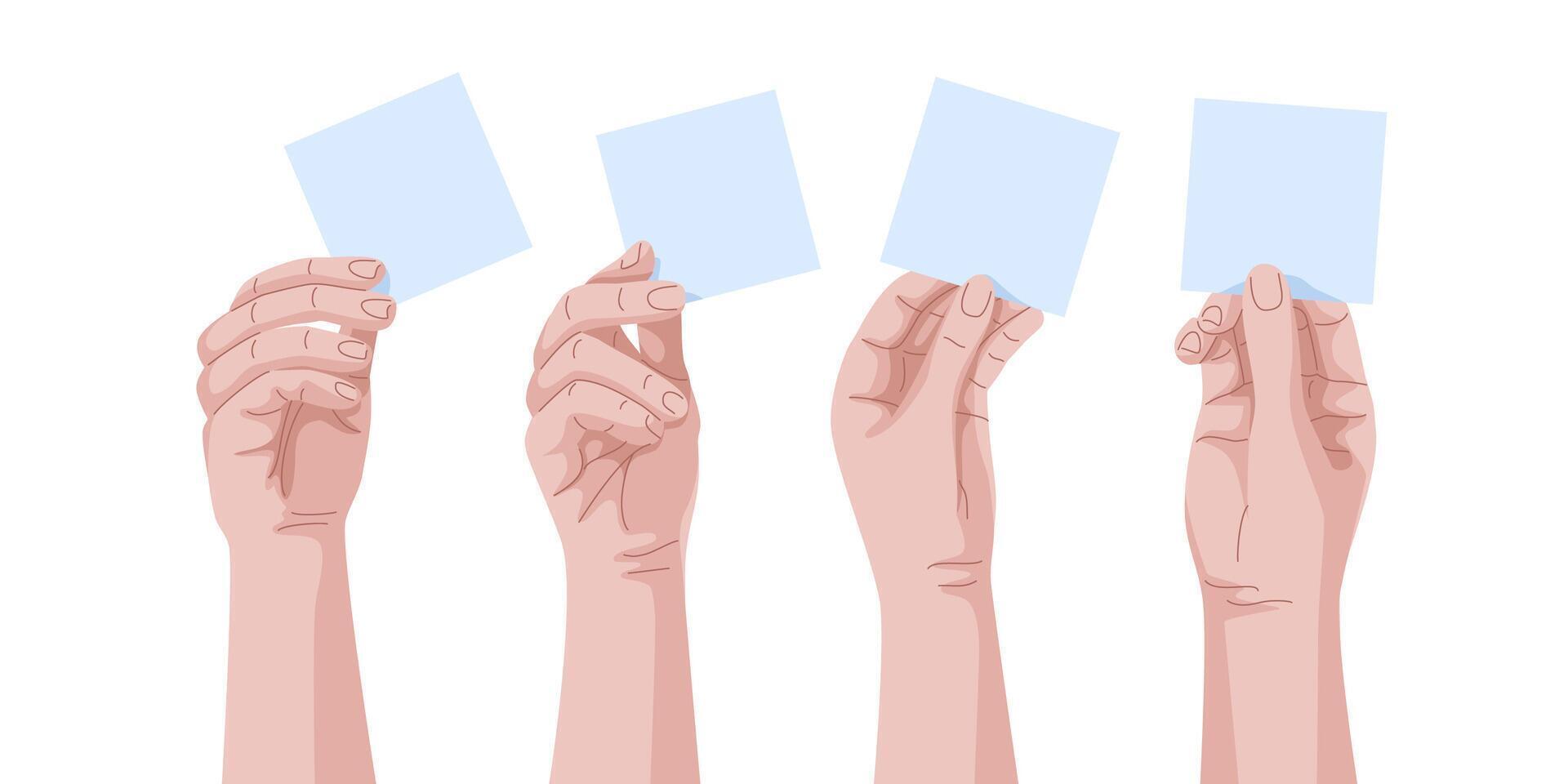 Arms raised hands holding a speech bubble paper blank set. Man or woman palm can holding anything you want. vector