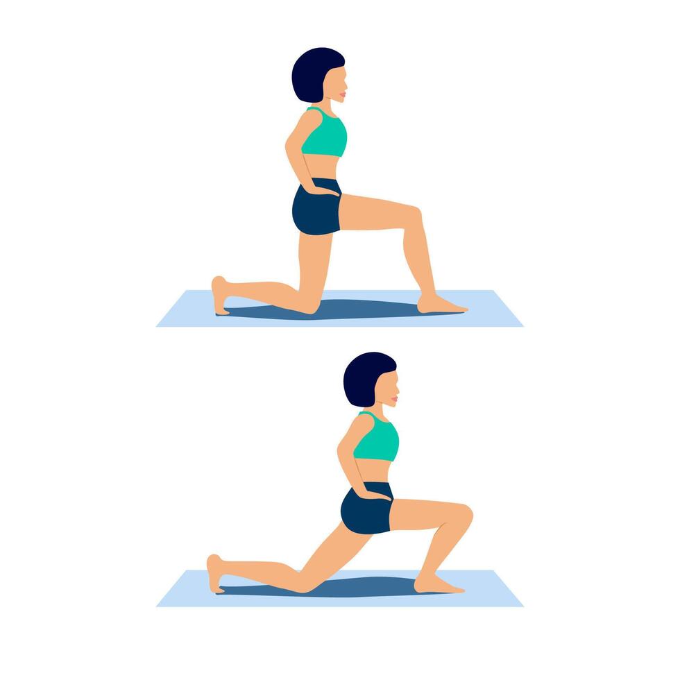 Woman demonstrates hip flexor stretching exercise in lunge position. Flat character scene for mobile, app, web vector