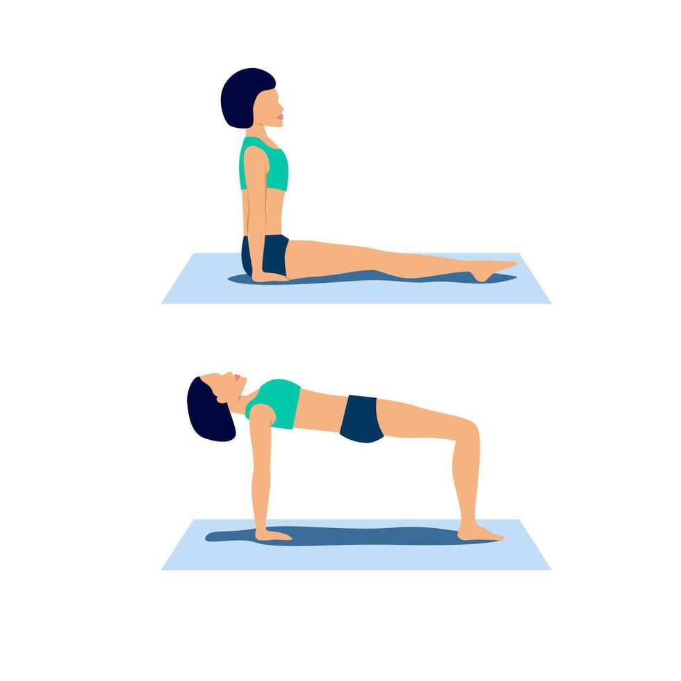 Ardha purvottanasana or reverse tabletop yoga pose. Crab pose for respiratory and endocrine systems stimulation. vector