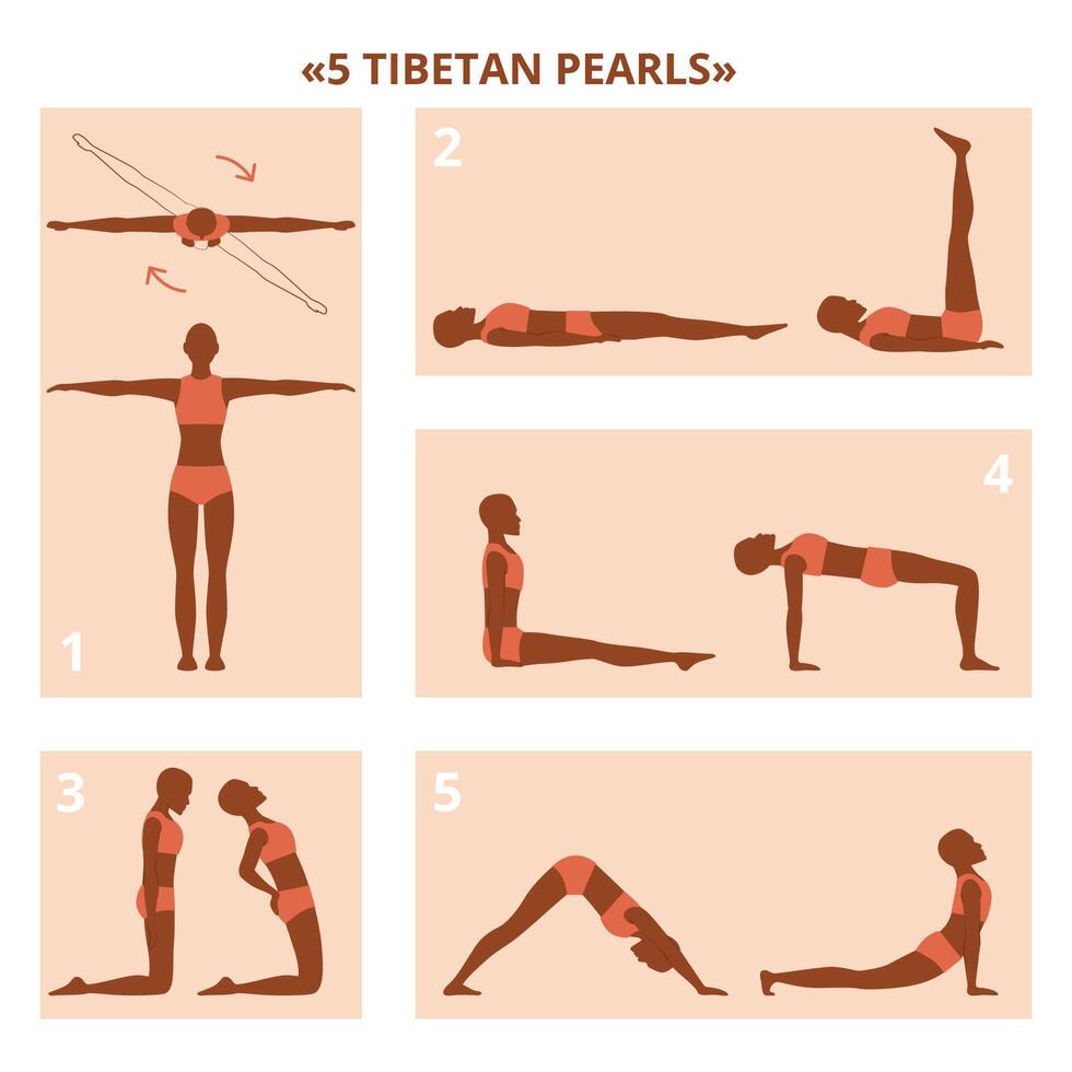 Tibetan health improving gymnastic complex. 5 Tibetan pearls rite, yoga exercises. vector