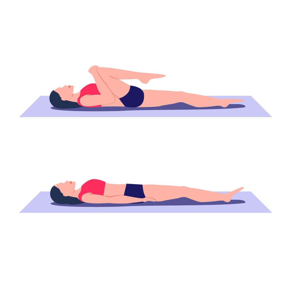 Single knee to chest exercise. Stretch out and relieve tension in lower back, hamstrings, and gluteus. vector