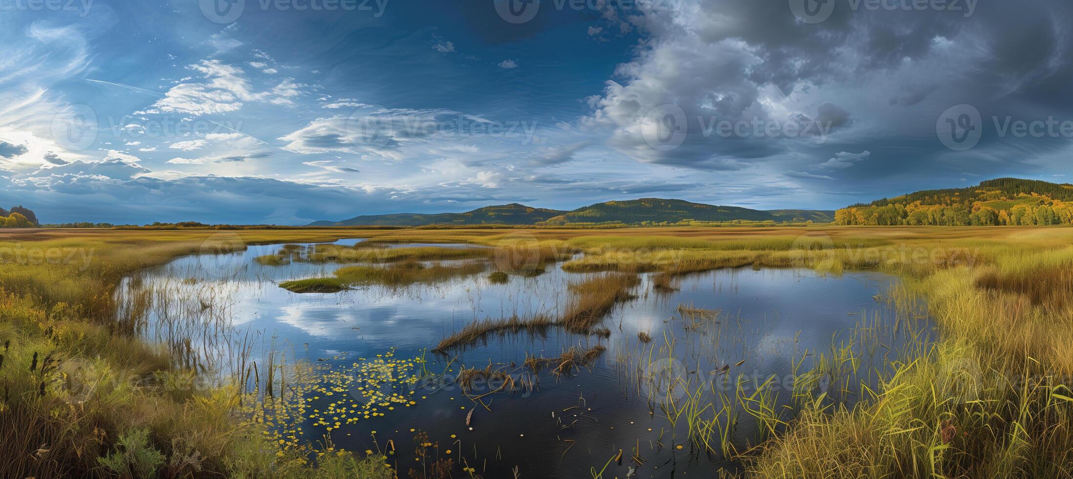 Wide-angle landscape photo overlooking a mountain lake with a backdrop of mountains
