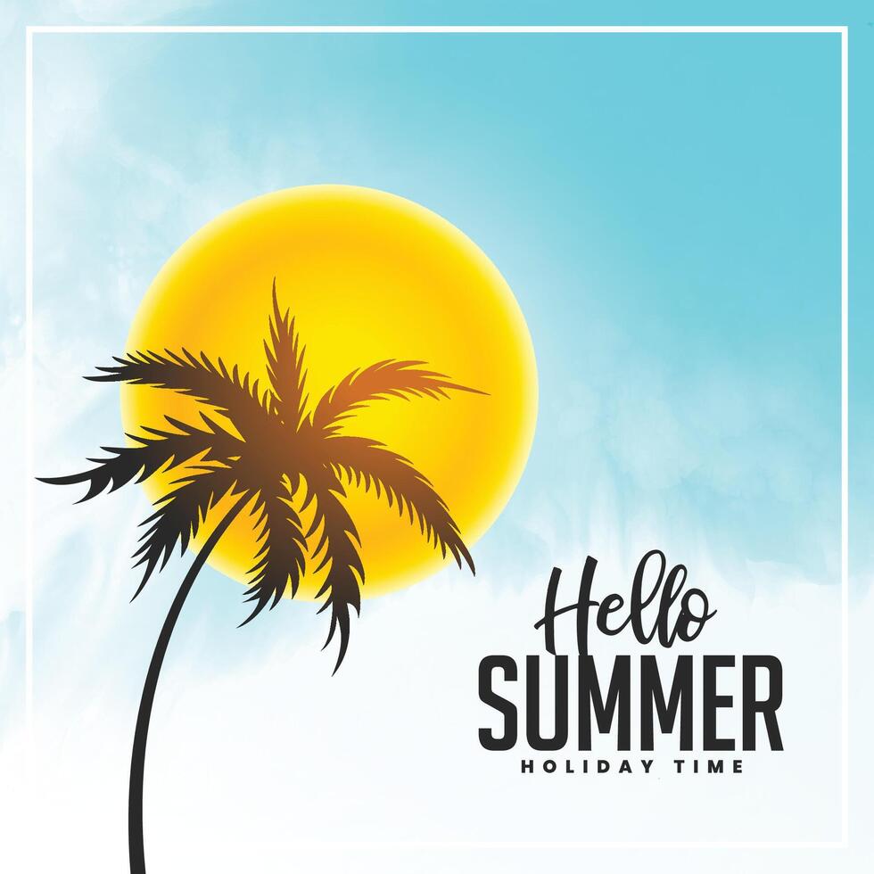 bright hello summer palm tree and sun background vector