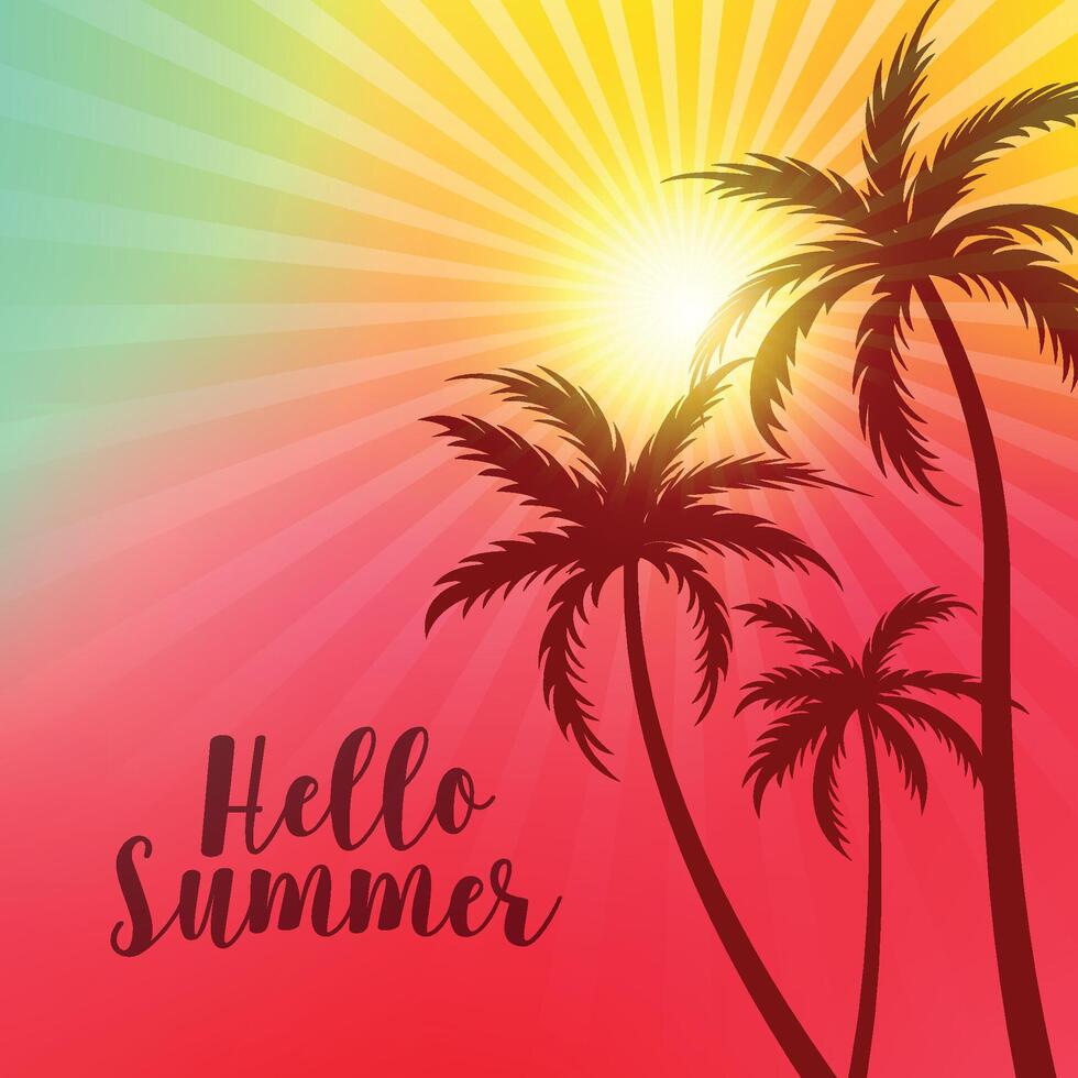 vibrant hello summer poster with palm trees and sun vector