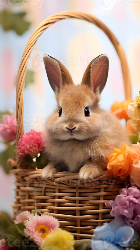 A cute little bunny sitting in basket nest full of flowers. Easter egg concept, Spring holiday photo