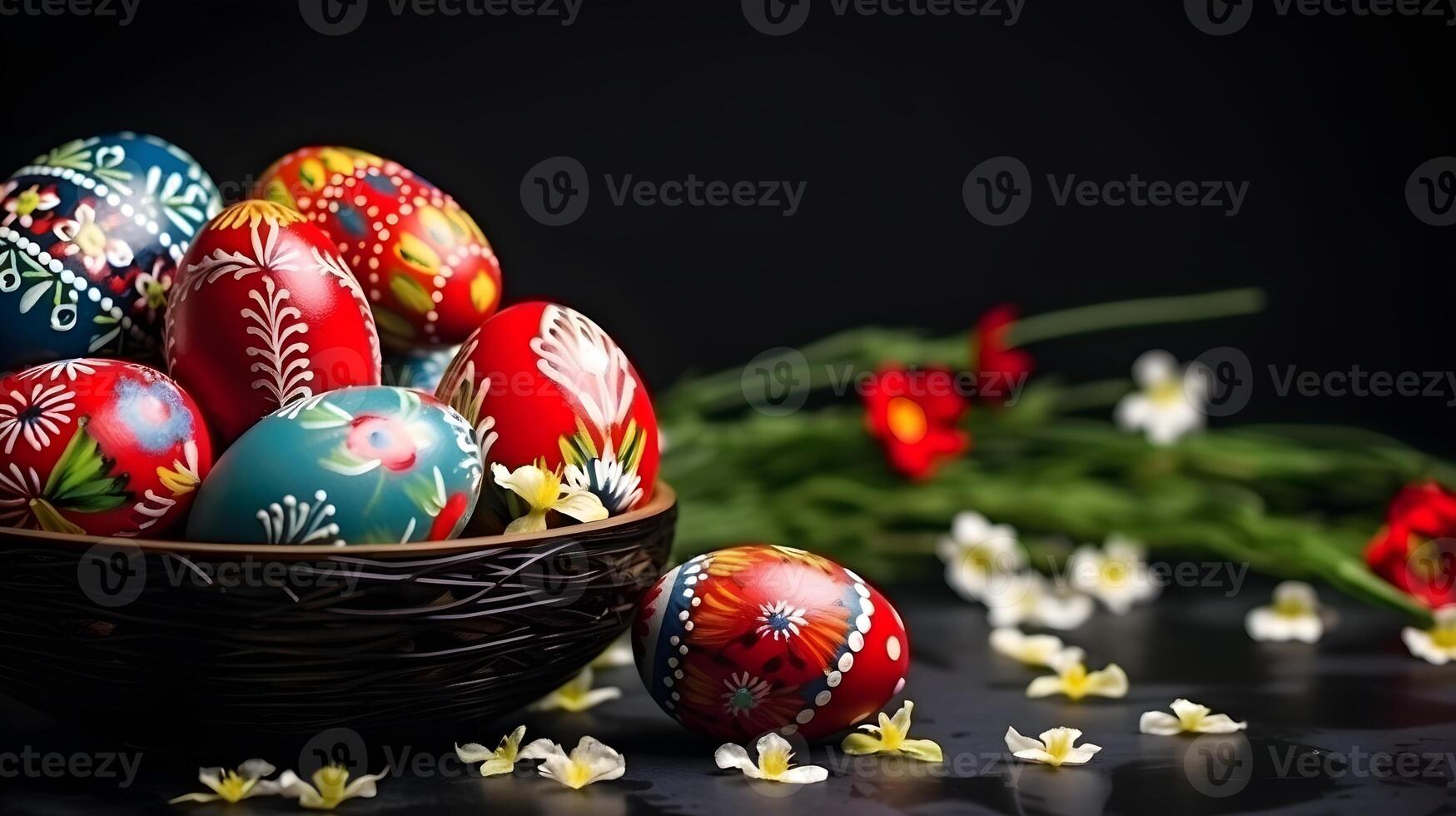 A basket of colorful eggs with copyspace on a black background. Easter egg concept, Spring holiday photo