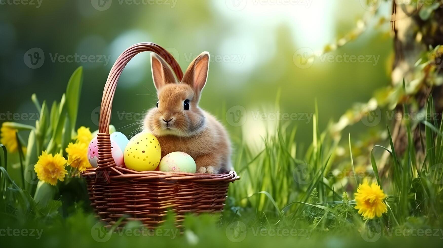 A cute little bunny sitting in basket nest with colorful eggs. Easter egg concept, Spring holiday photo