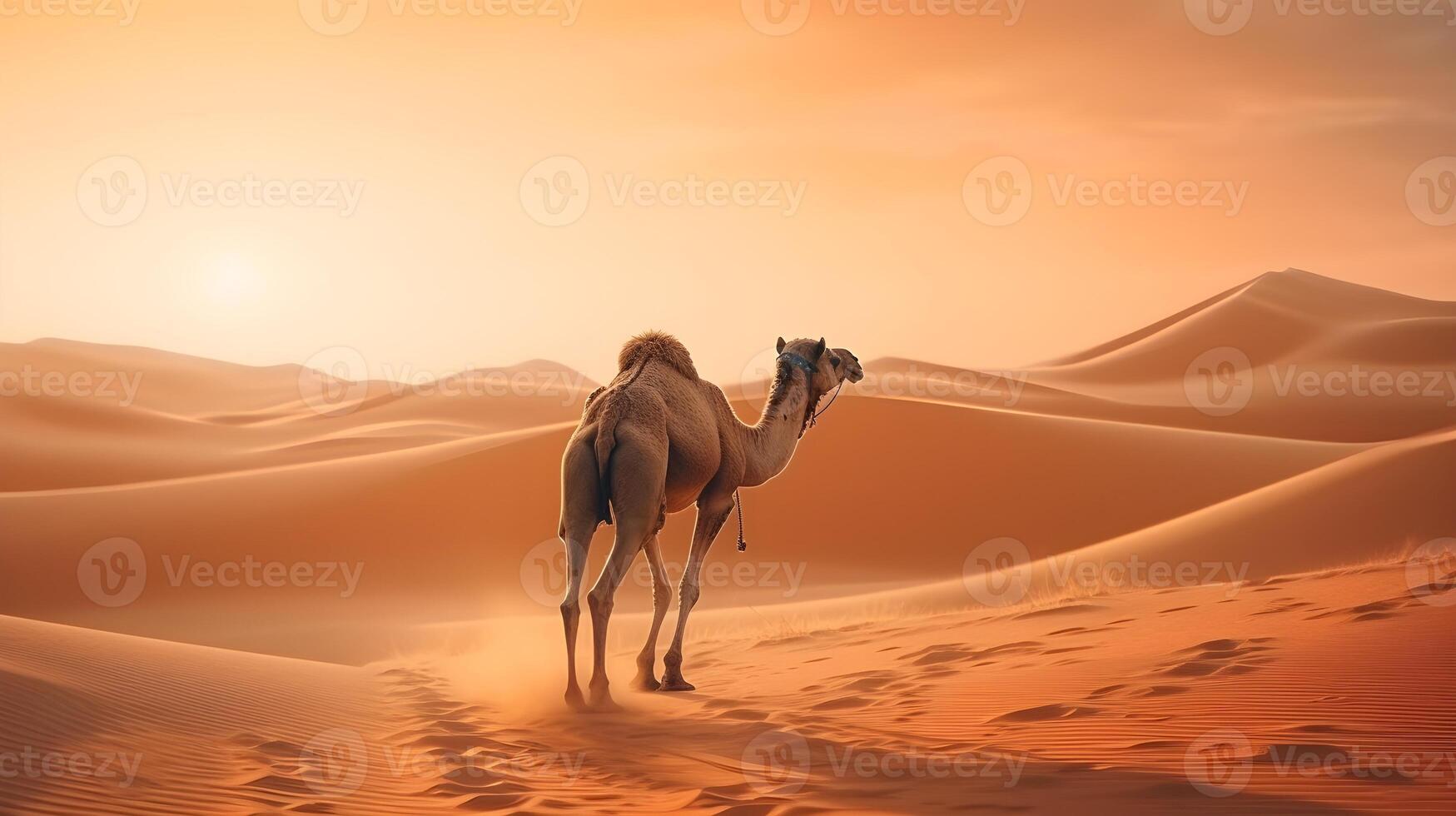 A camel walks in the sand desert photo