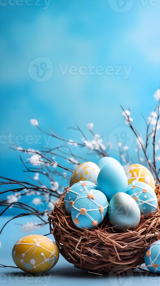 A basket of colorful eggs with copyspace on a blue background. Easter egg concept, Spring holiday photo