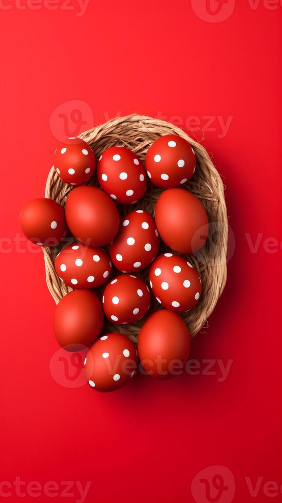 A basket of colorful eggs with copyspace on a red background. Easter egg concept, Spring holiday photo