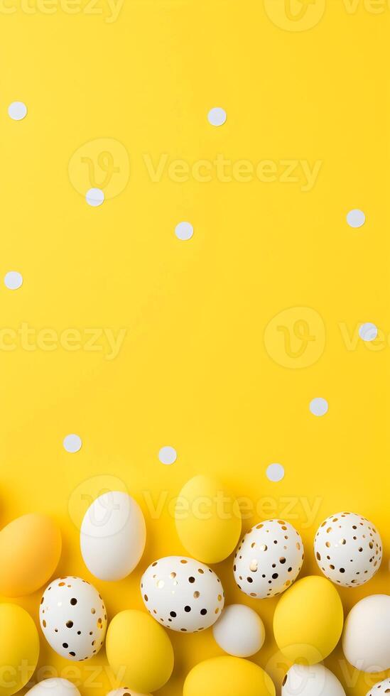Colorful eggs with copyspace on yellow background. Easter egg concept, Spring holiday photo
