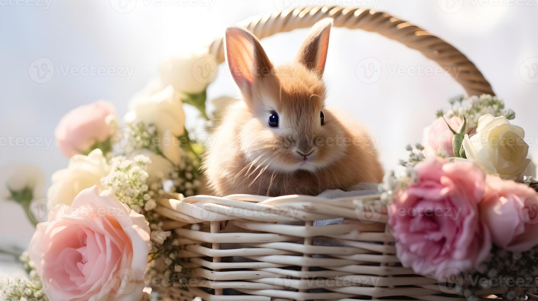 A cute little bunny sitting in basket nest full of flowers. Easter egg concept, Spring holiday photo