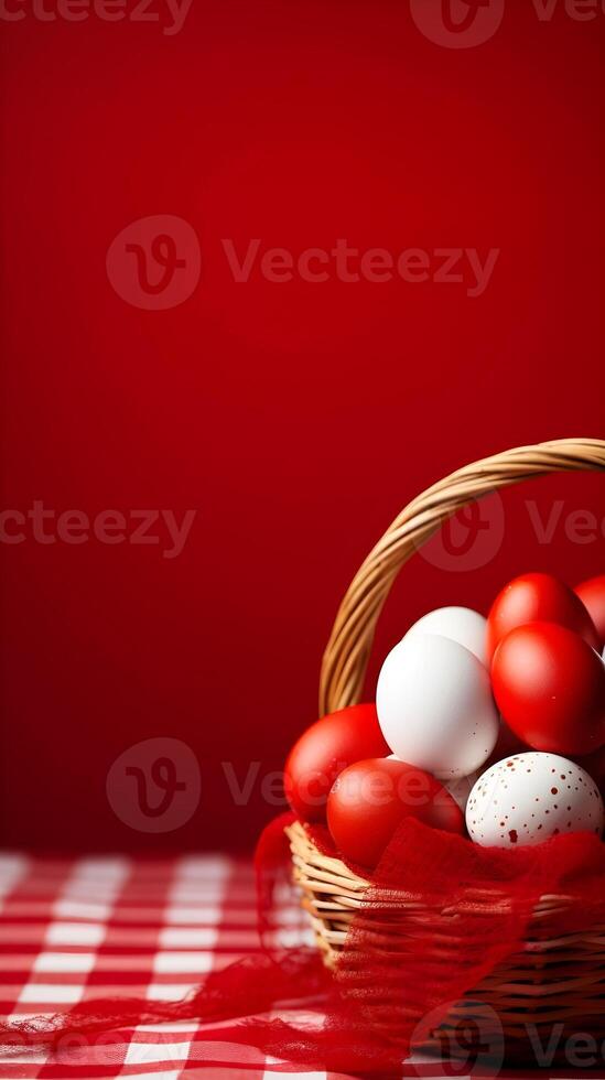A basket of colorful eggs with copyspace on a red background. Easter egg concept, Spring holiday photo
