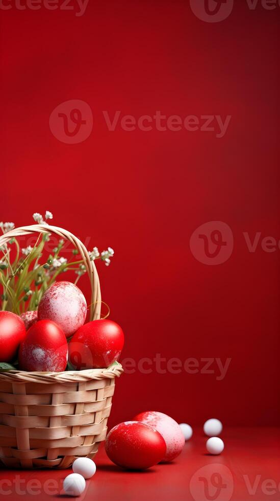 A basket of colorful eggs with copyspace on a red background. Easter egg concept, Spring holiday photo