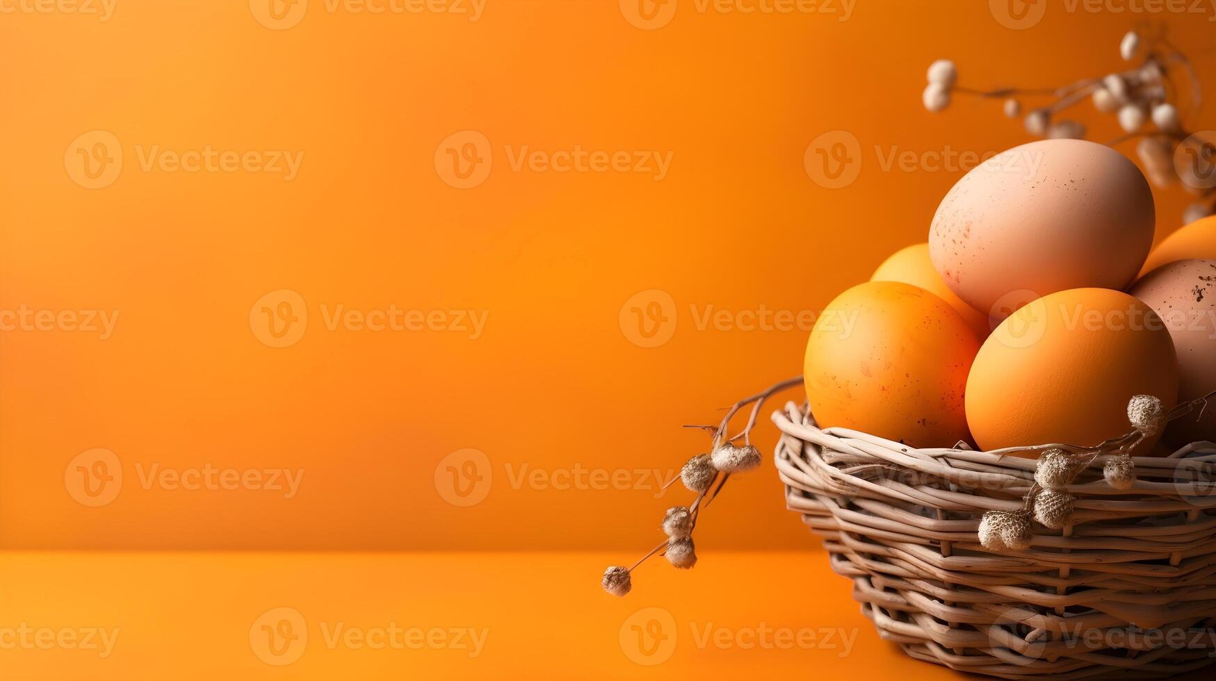 A basket of colorful eggs with copyspace on a orange background. Easter egg concept, Spring holiday photo