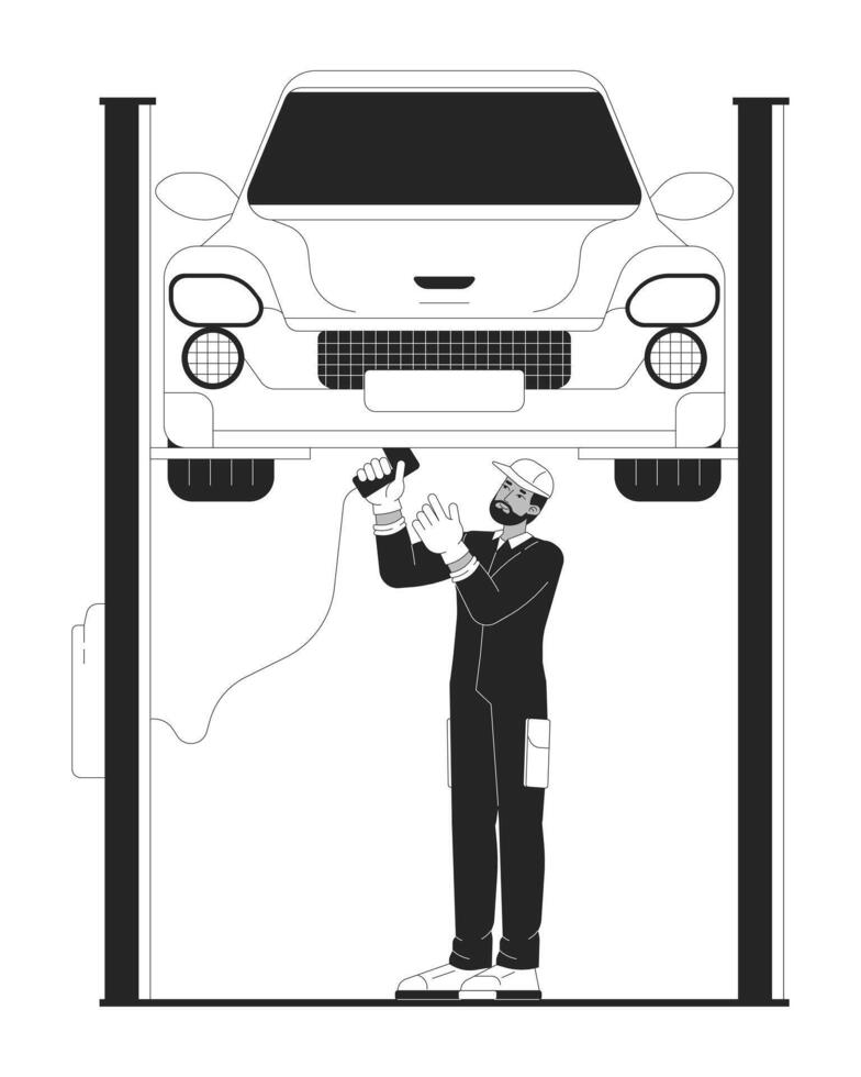 Black man mechanic repairing car on elevator black and white cartoon flat illustration. African american technician 2D lineart character isolated. Auto service monochrome scene outline image vector