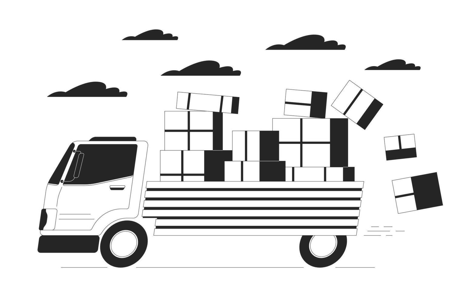 Losing packages while delivering black and white cartoon flat illustration. Boxes falling down from truck body 2D lineart object isolated. Negligence at shipping monochrome scene outline image vector