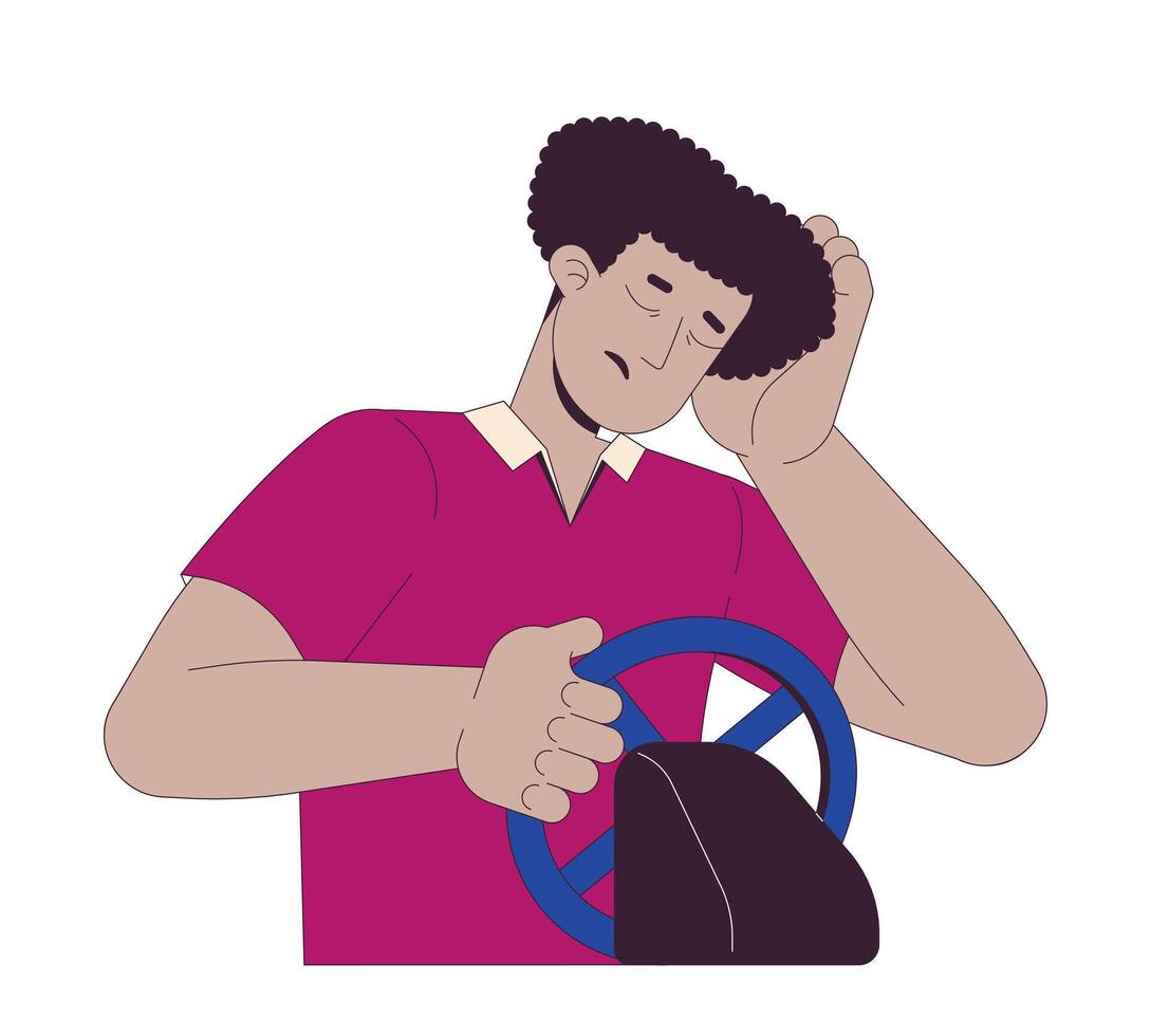 Exhausted latin american man driving car 2D linear cartoon character. Tired hispanic driver falling asleep isolated line person white background. Car accident color flat spot illustration vector