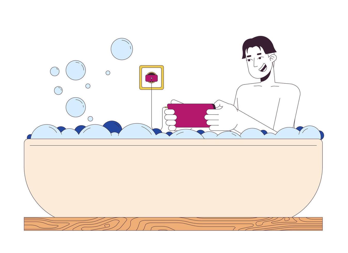 Smiling asian man in smartphone in bath 2D linear cartoon character. Korean male using electrical device recklessly isolated line person white background. Bathroom color flat spot illustration vector