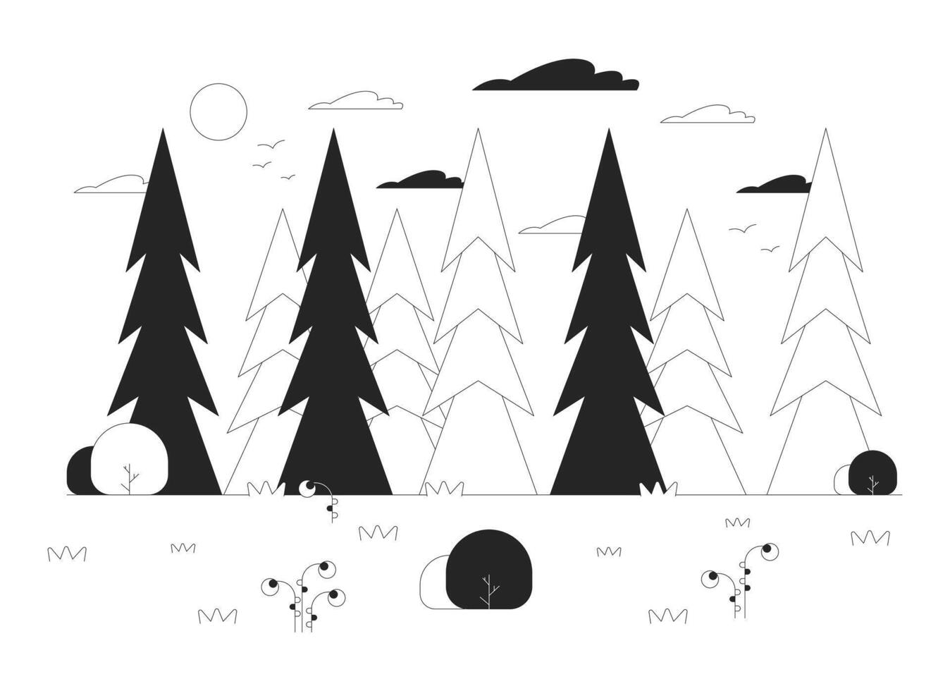 Deep pine forest black and white cartoon flat illustration. Wanderlust leisure. Fir trees growing near grassy glade 2D lineart objects isolated. Discovery nature monochrome scene outline image vector