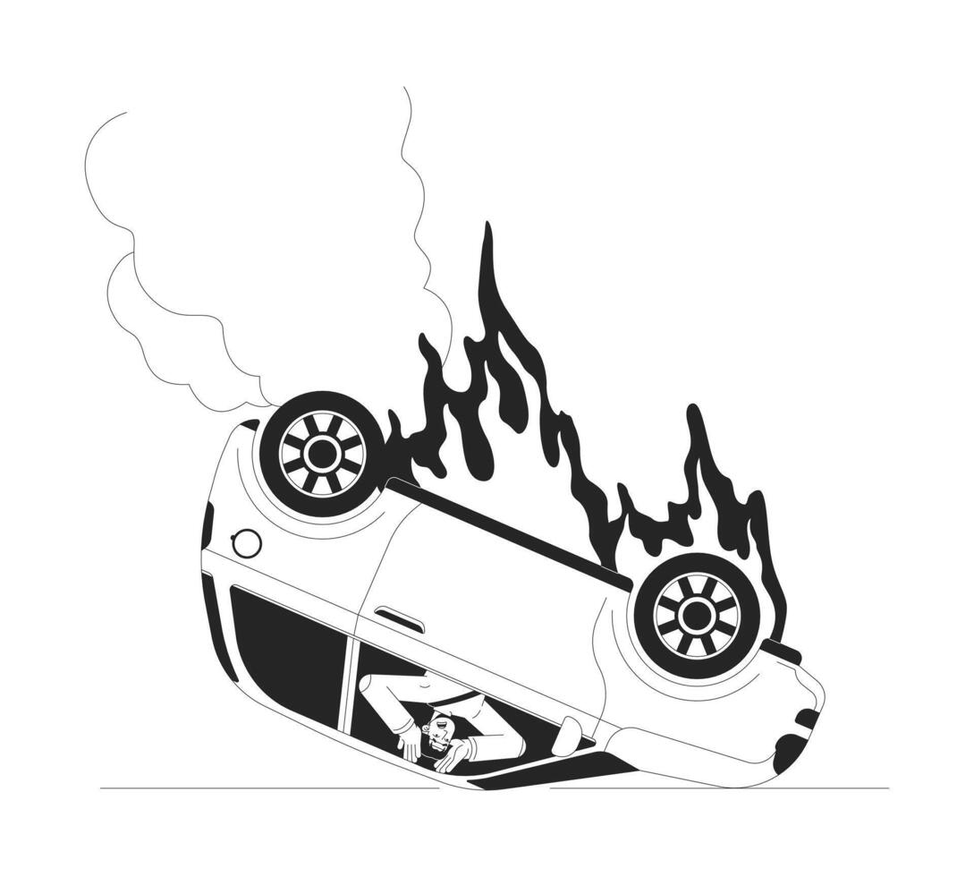 Car upside down on fire black and white cartoon flat illustration. Frightened asian man locked inside burning auto 2D lineart character isolated. Road accident monochrome scene outline image vector