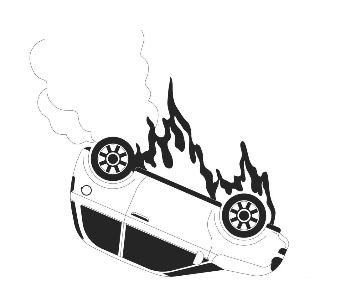 Car burning on accident black and white cartoon flat illustration. Dangerous situation. Upside down auto on fire 2D lineart object isolated. Crash on road monochrome scene outline image vector