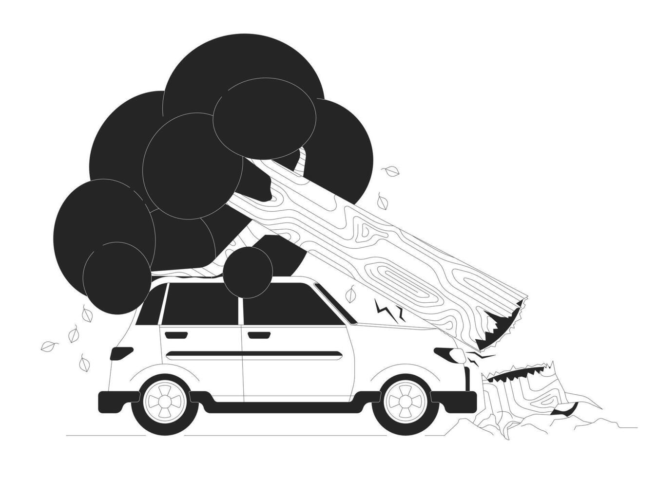 Tree falling down onto car black and white cartoon flat illustration. Auto damaged by plant trunk 2D lineart characters isolated. Road accident at stormy weather monochrome scene outline image vector