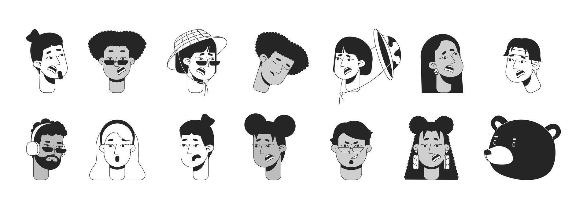 Diverse people and bear black and white 2D avatars illustration set. Emotions expression and animal outline cartoon character faces isolated. Looks flat user profile images collection portraits vector