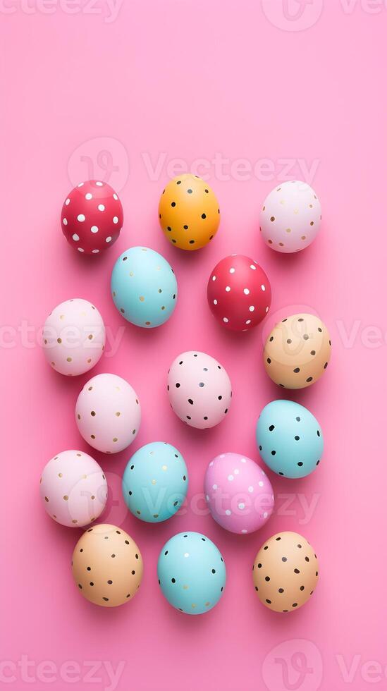 Colorful eggs with copyspace on pink background. Easter egg concept, Spring holiday photo
