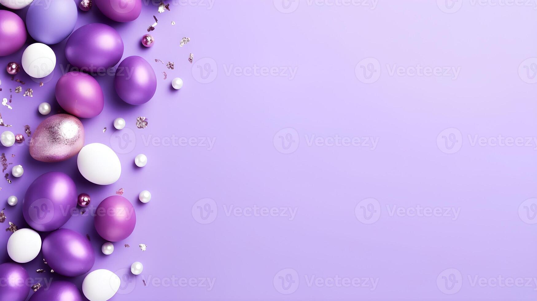 Colorful eggs with copyspace on purple background. Easter egg concept, Spring holiday photo