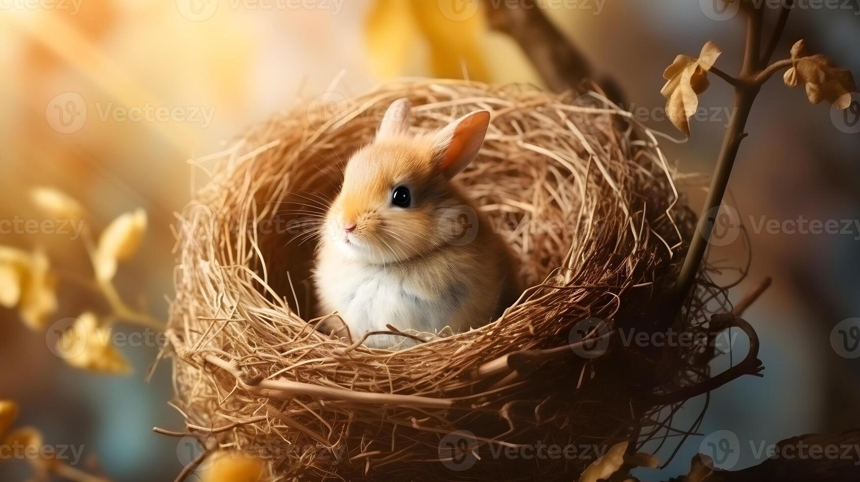 A cute rabbit sitting in basket nest with eggs photo