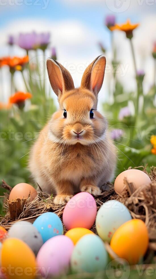 A cute little bunny with colorful eggs. Easter egg concept, Spring holiday photo