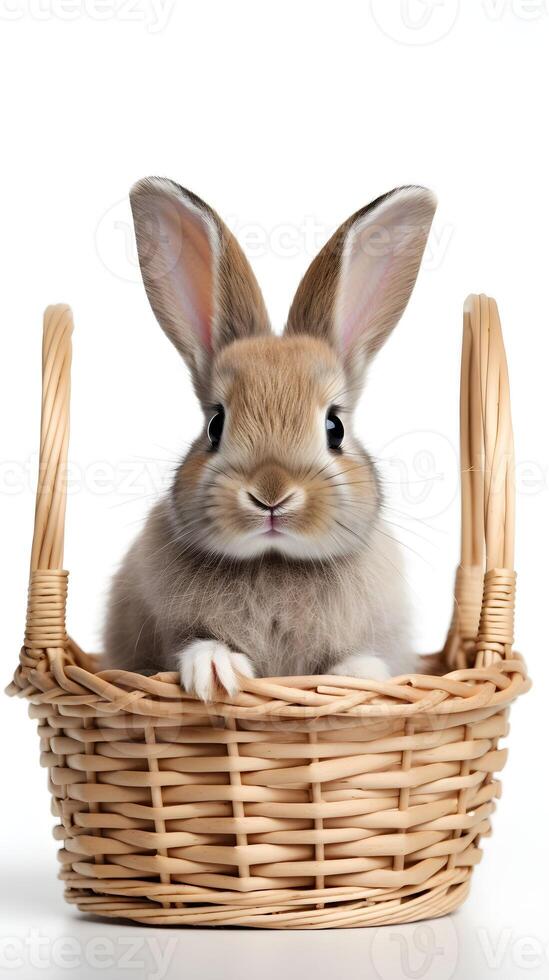 A cute little bunny sitting in basket nest on white background. Easter egg concept, Spring holiday photo