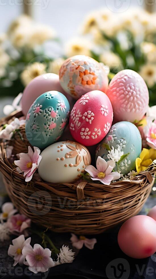 A basket of colorful eggs in the forest. Easter egg concept, Spring holiday photo