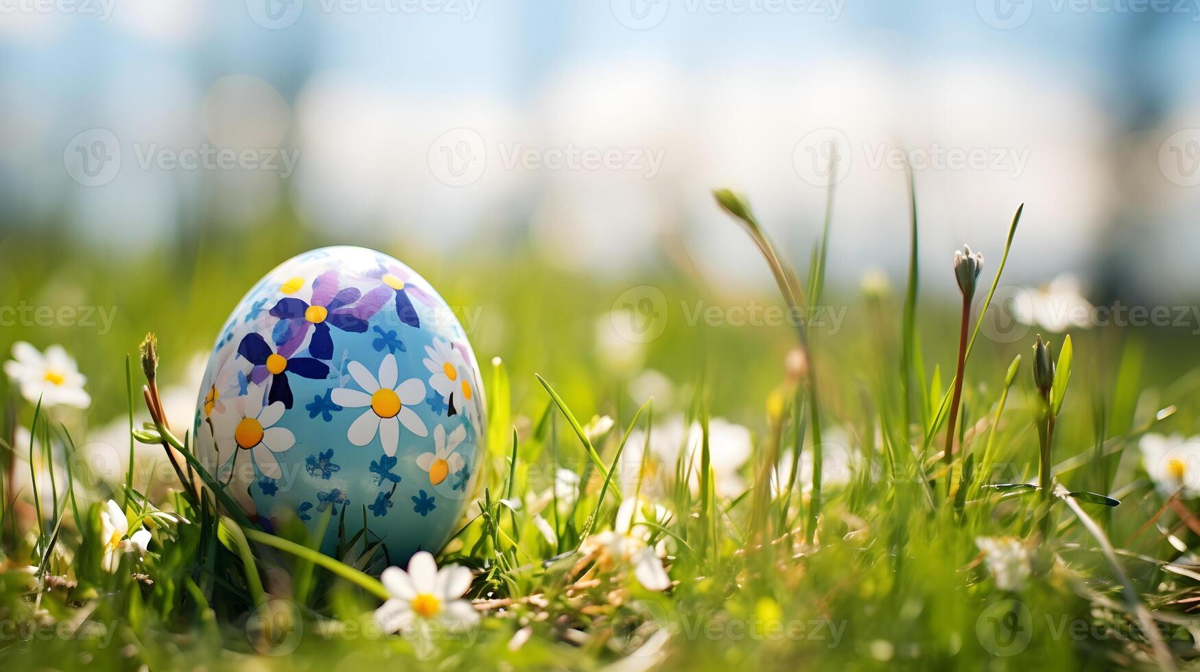 Colorful egg with flowers laying on the meadow. Easter egg concept, Spring holiday photo