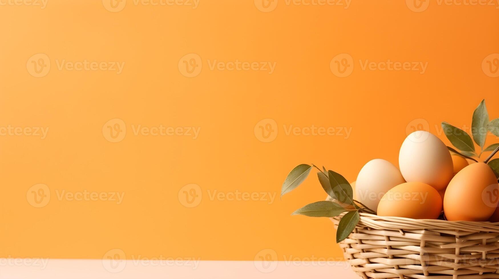 un cesta de vistoso huevos con copyspace en un naranja antecedentes. Pascua de Resurrección huevo concepto, primavera fiesta foto