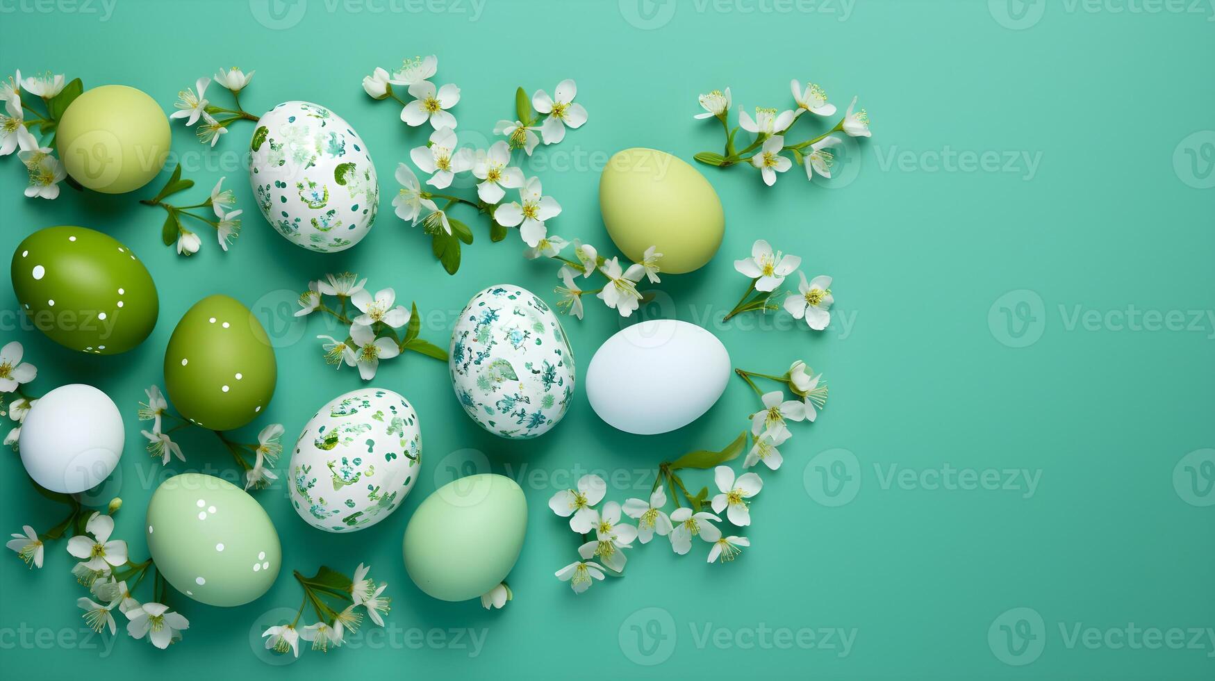 A basket of colorful eggs with copyspace on green background. Easter egg concept, Spring holiday photo