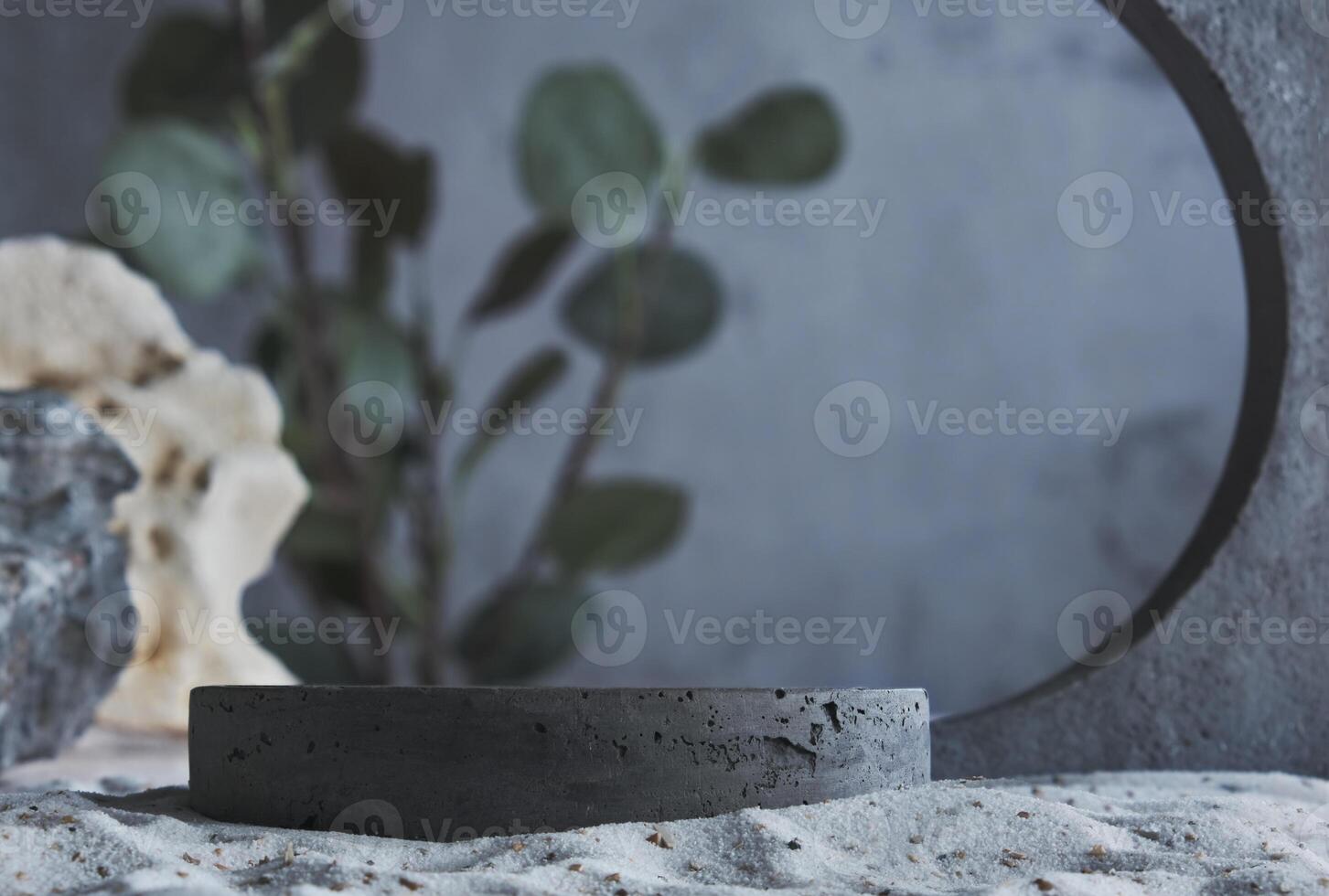 Background for cosmetic products grey concrete scene with geometric shape and natural rocks and leaves. Concrete grey podium. Empty showcase for packaging product presentation. Mock up pedestal photo