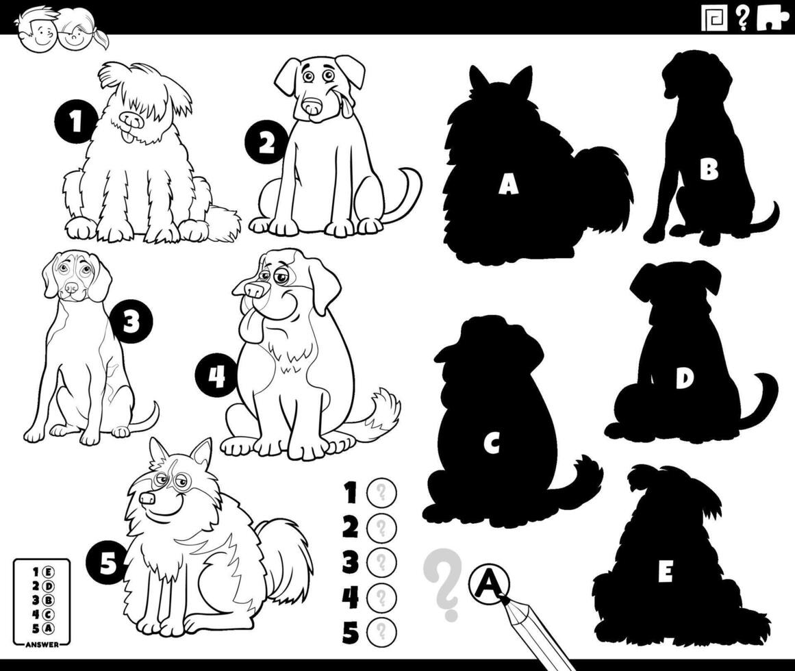 finding shadows game with cartoon purebred dogs coloring page vector