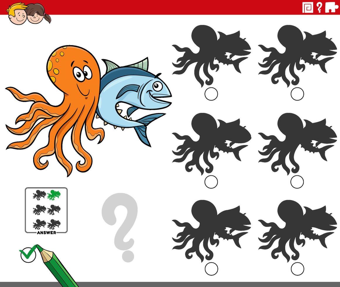 shadow activity with cartoon octopus and tuna fish vector