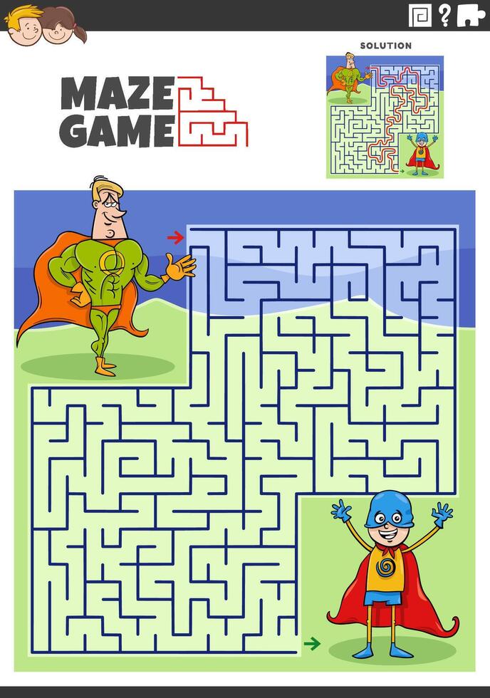 maze activity with cartoon superhero characters vector