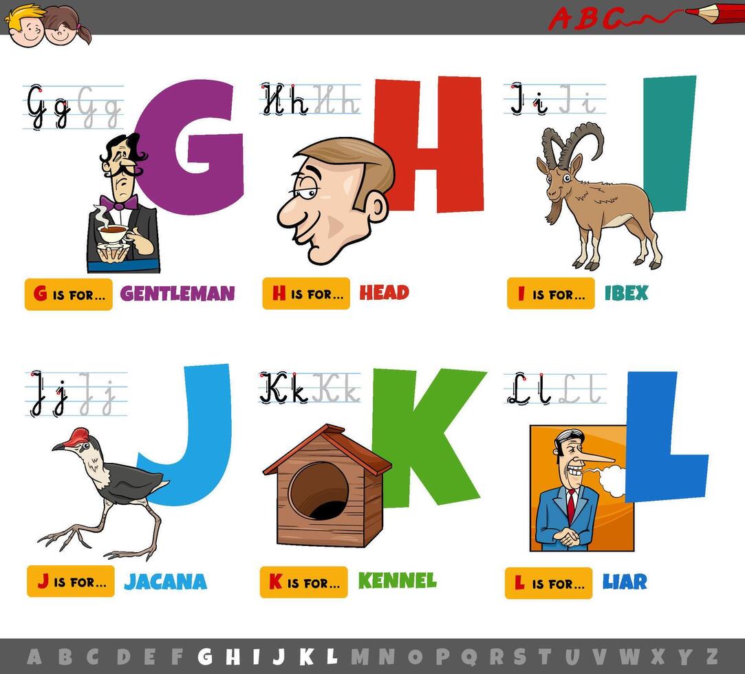 educational cartoon alphabet letters for children from G to L vector