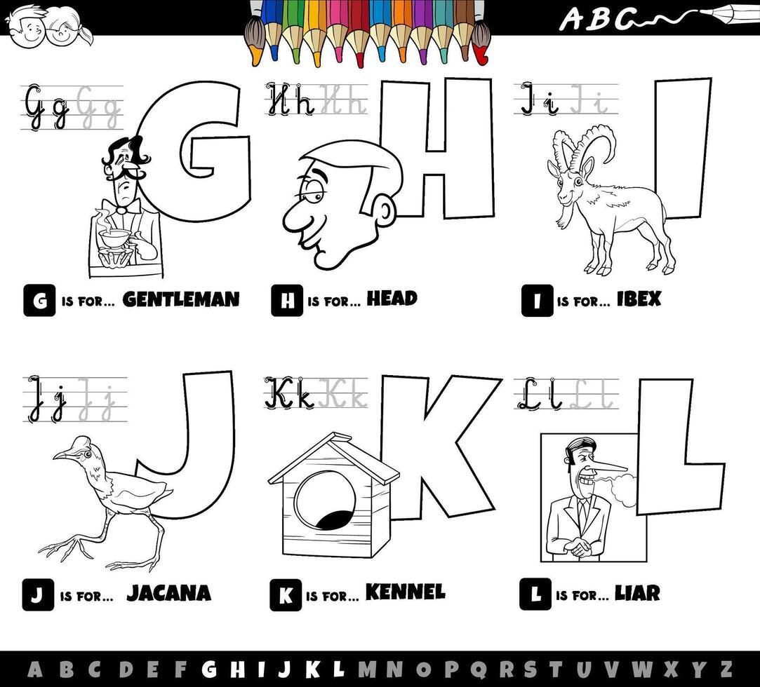 educational cartoon alphabet letters set from G to L coloring page vector