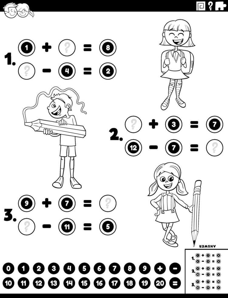 mathematical task with comic school children coloring page vector