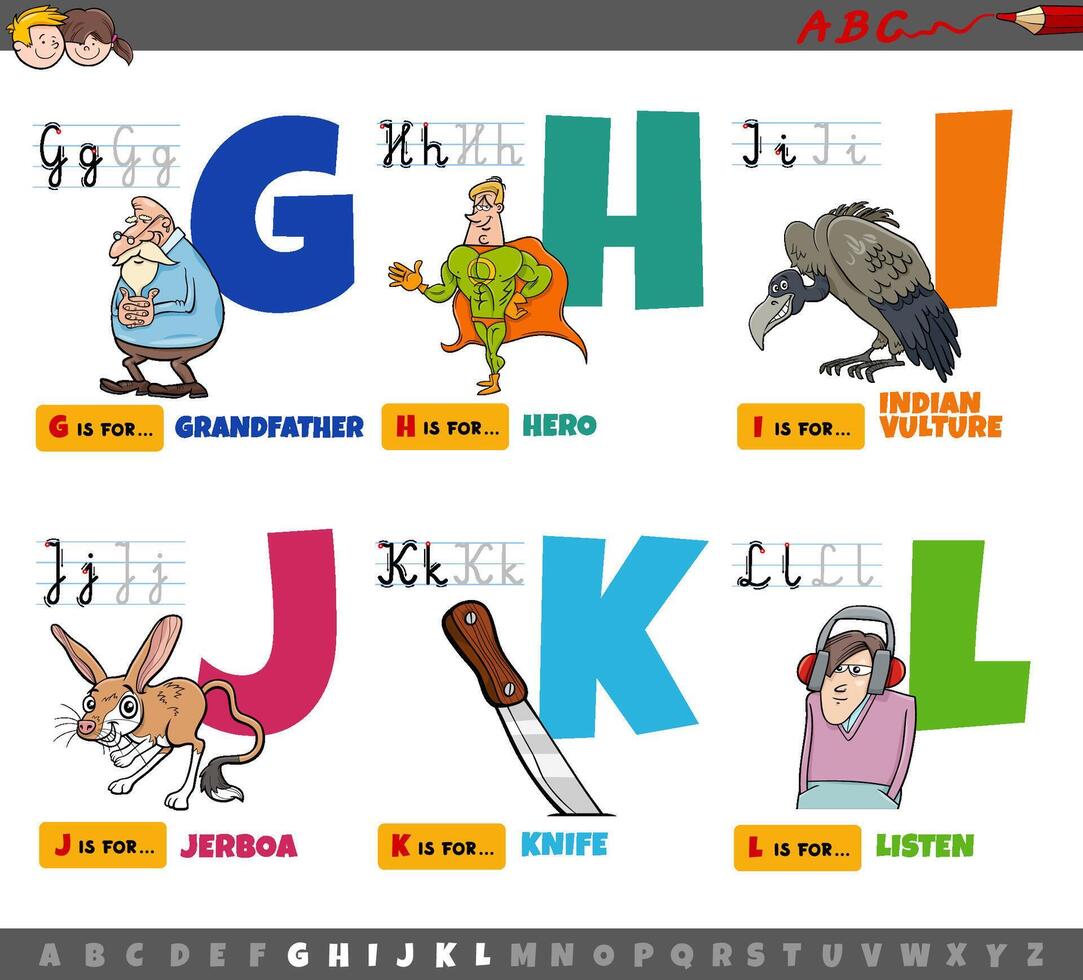 educational cartoon alphabet letters for children from G to L vector