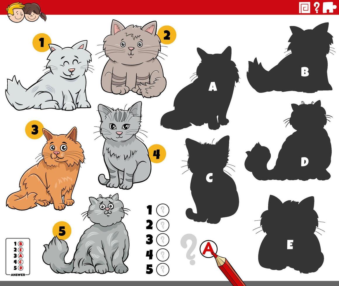 finding shadows game with cartoon cats animal characters vector