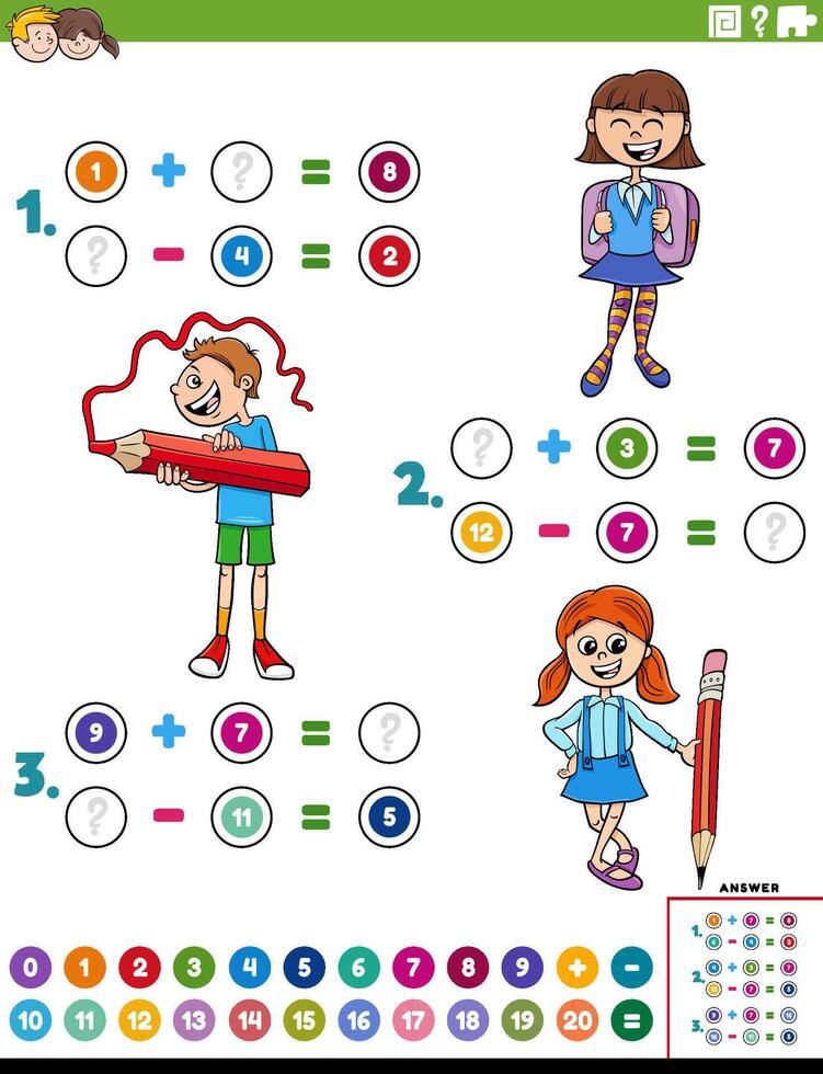 addition and subtraction task with cartoon school children vector