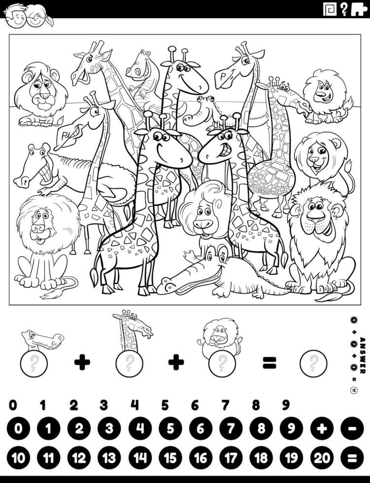 counting and adding activity with animals coloring page vector